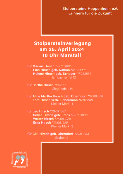 Ankündigung der Stolpersteinverlegung für Familien Hirsch am 25.04.2024