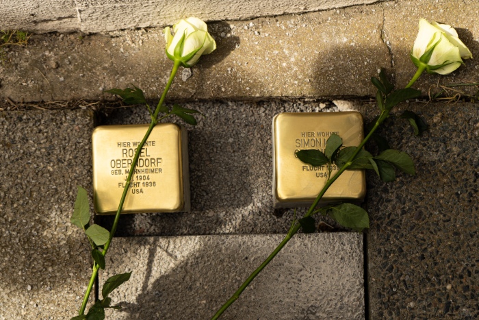 Weiße Blumen liegen auf 2 Stolpersteinen