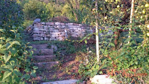 Ungepflegtes Grundstück mit Steinmauer und Steintreppe