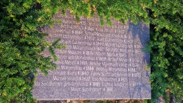 Braune Infotafel vor grüner Hecke